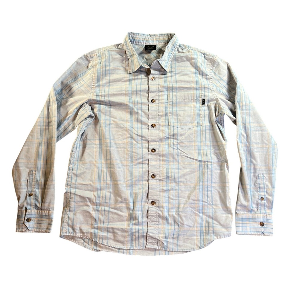 Oakley Button Down Shirt Mens Medium‎ Blue Grey Plaid Long Sleeve Pocket Logo